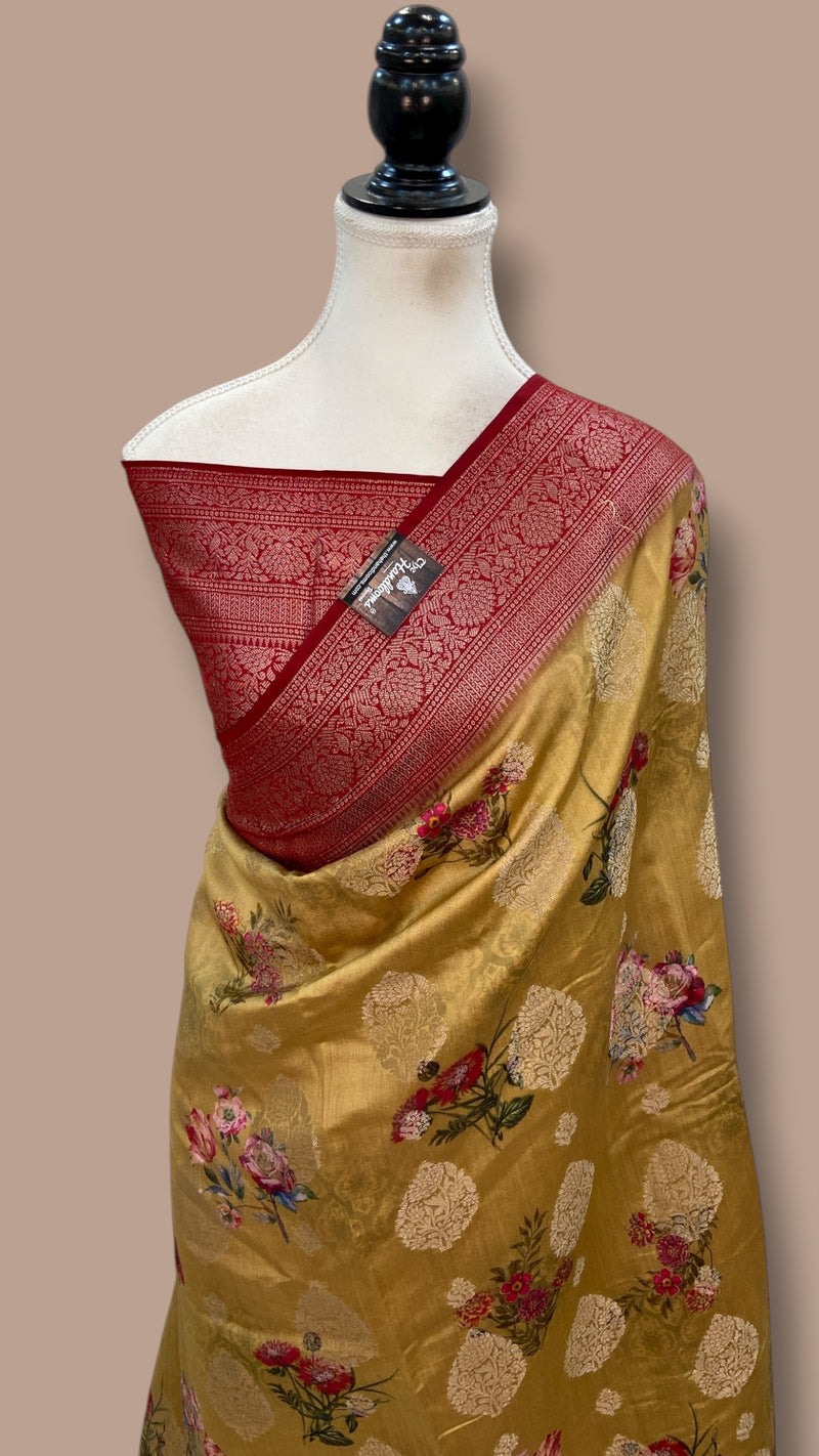 Pure Chiniya Silk Handloom Banarasi Saree Digital Print - The Handlooms