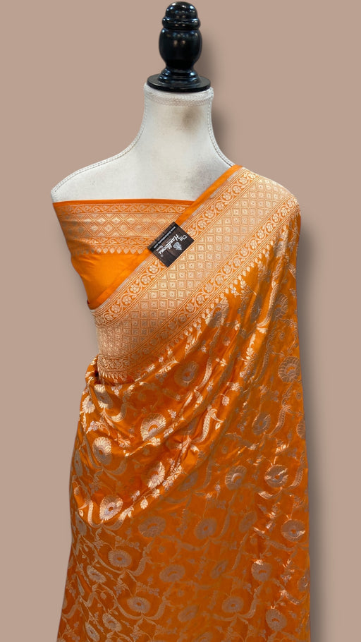 Orange Pure Katan Silk Banarasi Handloom Saree - All over Sona Roopa Jaal work - The Handlooms