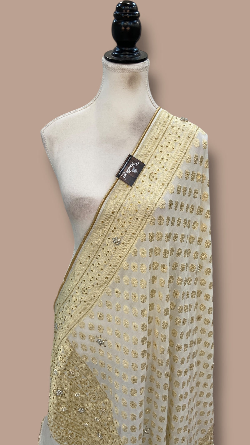 Pure Khaddi Georgette Handloom Dupatta With Zardosi Handwork