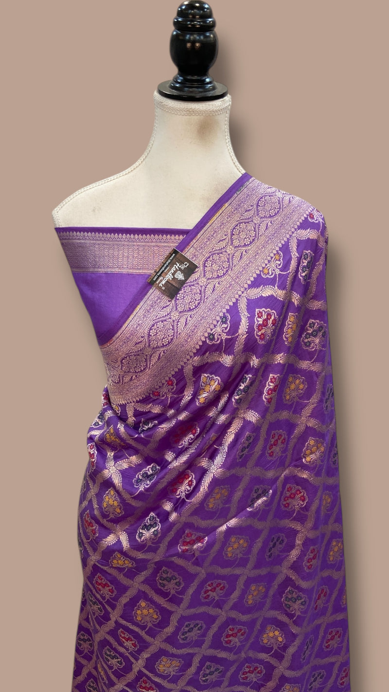Pure Katan Silk Banarasi Handloom Saree - All over Jaal Work With Meenakari