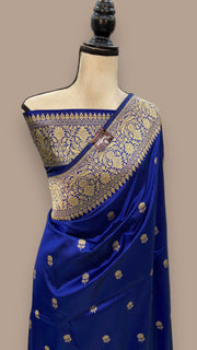 Royal Blue Pure Katan Silk Banarasi Handloom Saree - All over Kadua motifs - The Handlooms