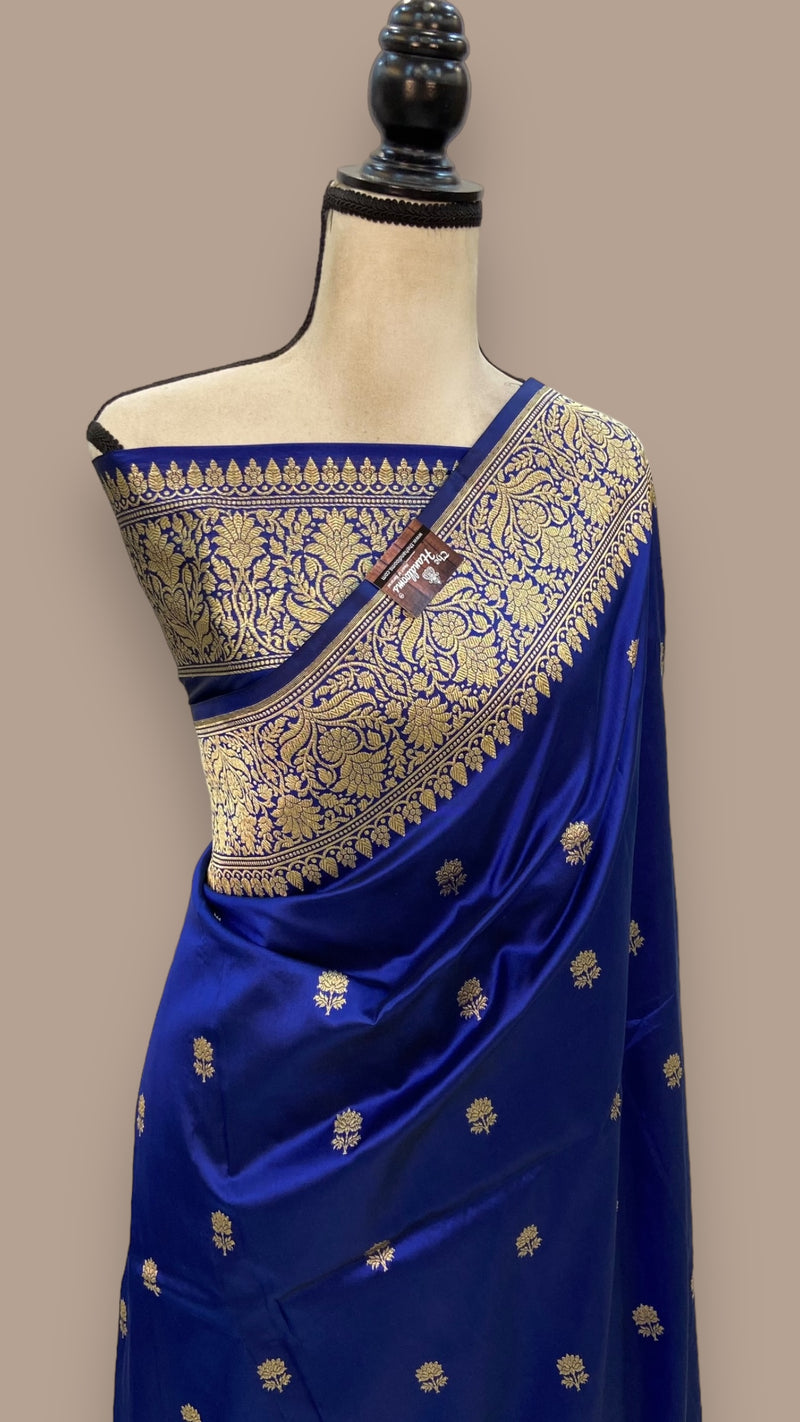 Royal Blue Pure Katan Silk Banarasi Handloom Saree - All over Kadua motifs - The Handlooms