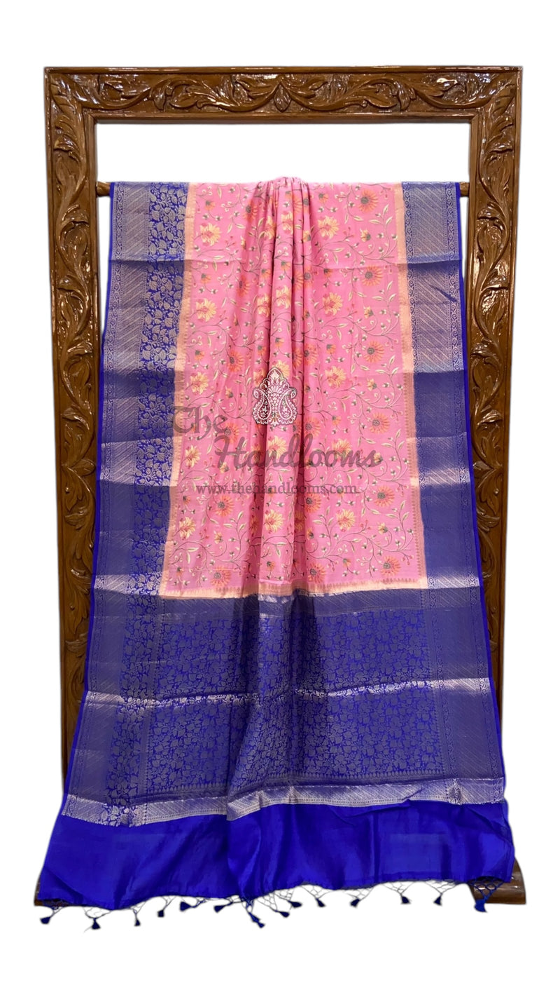Pure Chiniya Silk Handloom Banarasi Saree with Chikankari - The Handlooms