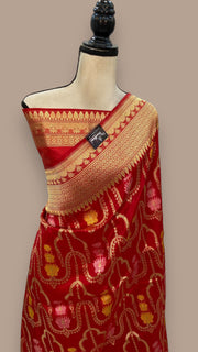 Red Pure Katan Silk Banarasi Handloom Saree - All over kadiyal Jaal work With Meenakari - The Handlooms