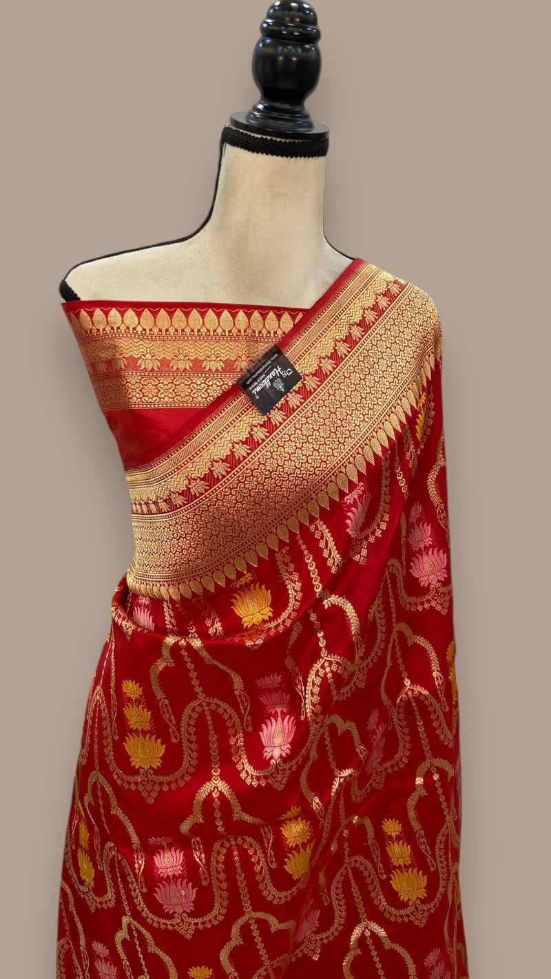 Red Pure Katan Silk Banarasi Handloom Saree - All over kadiyal Jaal work With Meenakari - The Handlooms