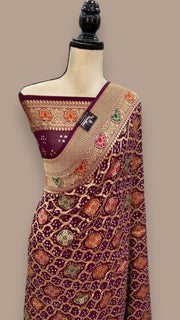 Pure Georgette Banarasi Bandhej Handloom Saree - with meenakari work - The Handlooms