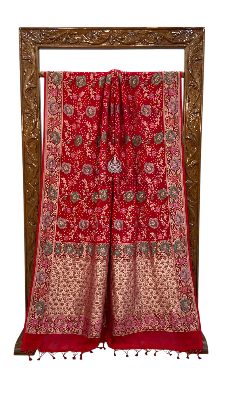 Pure Georgette Banarasi Bandhej Handloom Saree - with meenakari work - The Handlooms