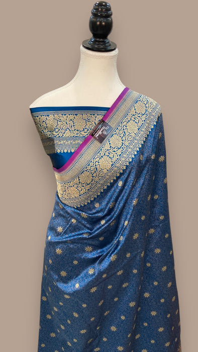 German Blue Pure Katan Silk Banarasi Handloom Saree - Tanchui Brocade