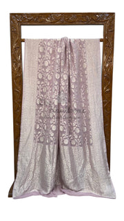 Khaddi Georgette Banarasi Saree with all silver zari jaal work - The Handlooms