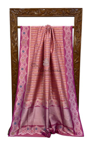 Hot Pink Pure Katan Silk Banarasi Handloom Saree - All over soona roopa Kadua stripe - The Handlooms