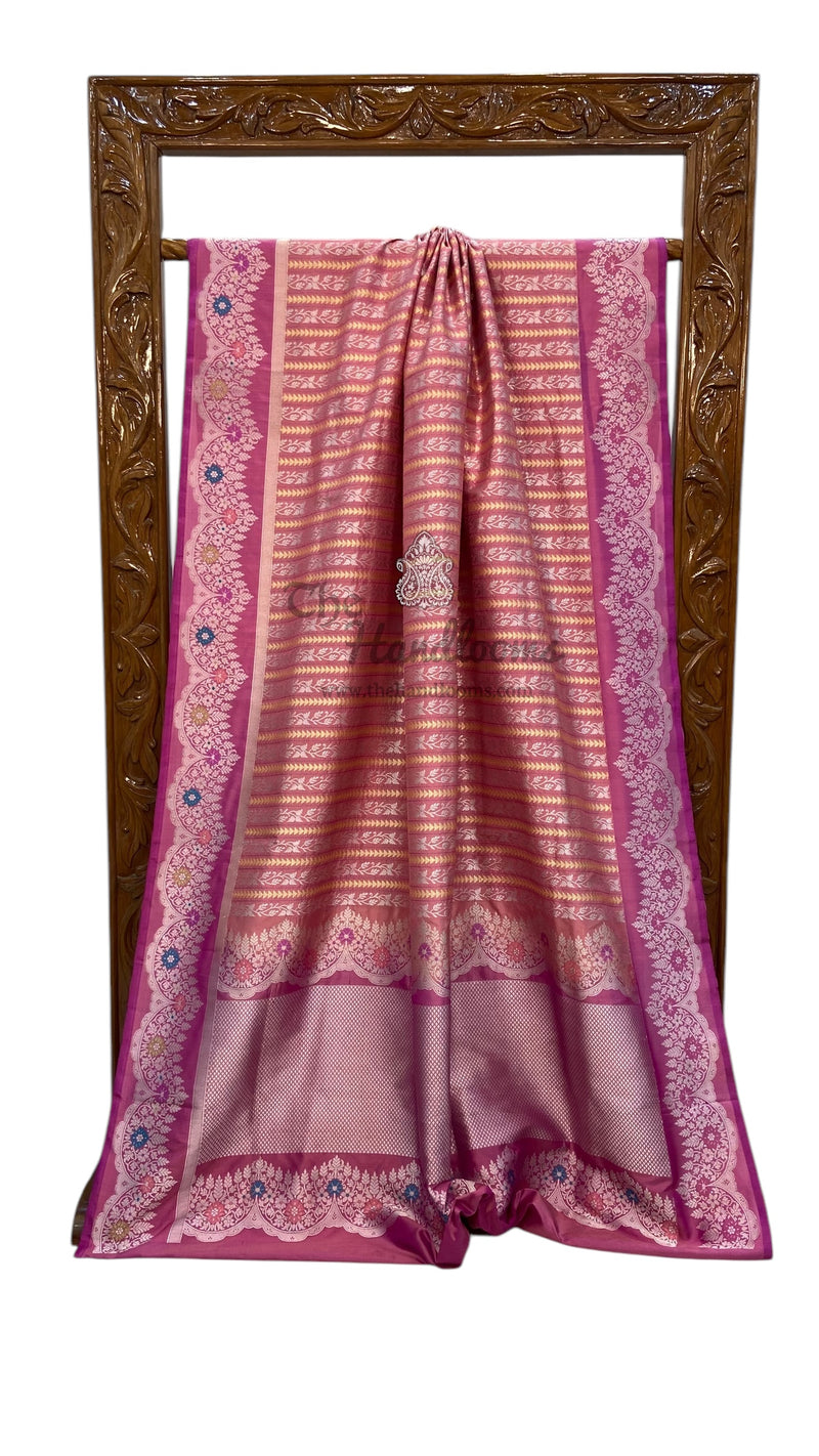 Hot Pink Pure Katan Silk Banarasi Handloom Saree - All over soona roopa Kadua stripe - The Handlooms