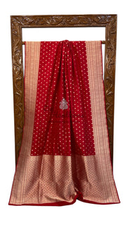 Red Pure Katan Silk Banarasi Handloom Saree - All Over Motifs - The Handlooms