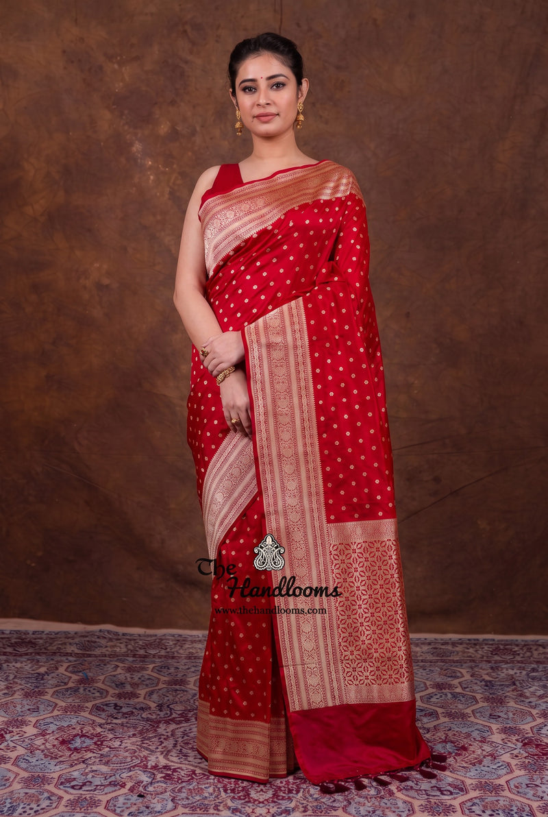 Red Pure Katan Silk Banarasi Handloom Saree - All Over Motifs