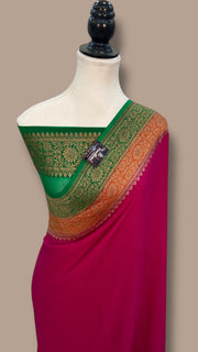 Hot Pink Pure Khaddi Georgette Handloom Banarasi Saree - The Handlooms