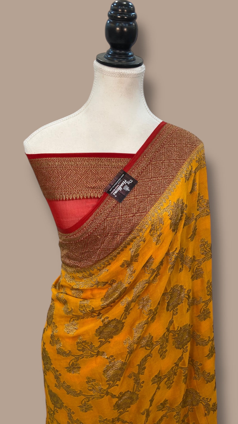 Khaddi Georgette Handloom Banarasi Saree - Antique Zari - The Handlooms