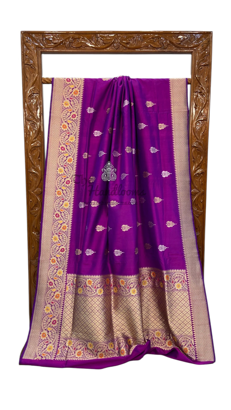 Pure Katan Silk Banarasi Handloom Saree - All over Sona Roopa Kadua motifs with meenakari in Border - The Handlooms