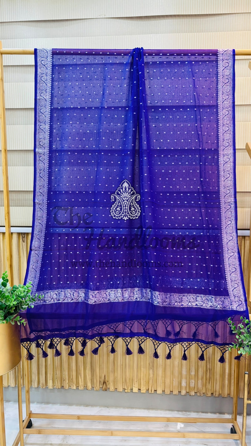 Pure Khaddi Georgette Dupatta - Royal Blue silver zari - The Handlooms