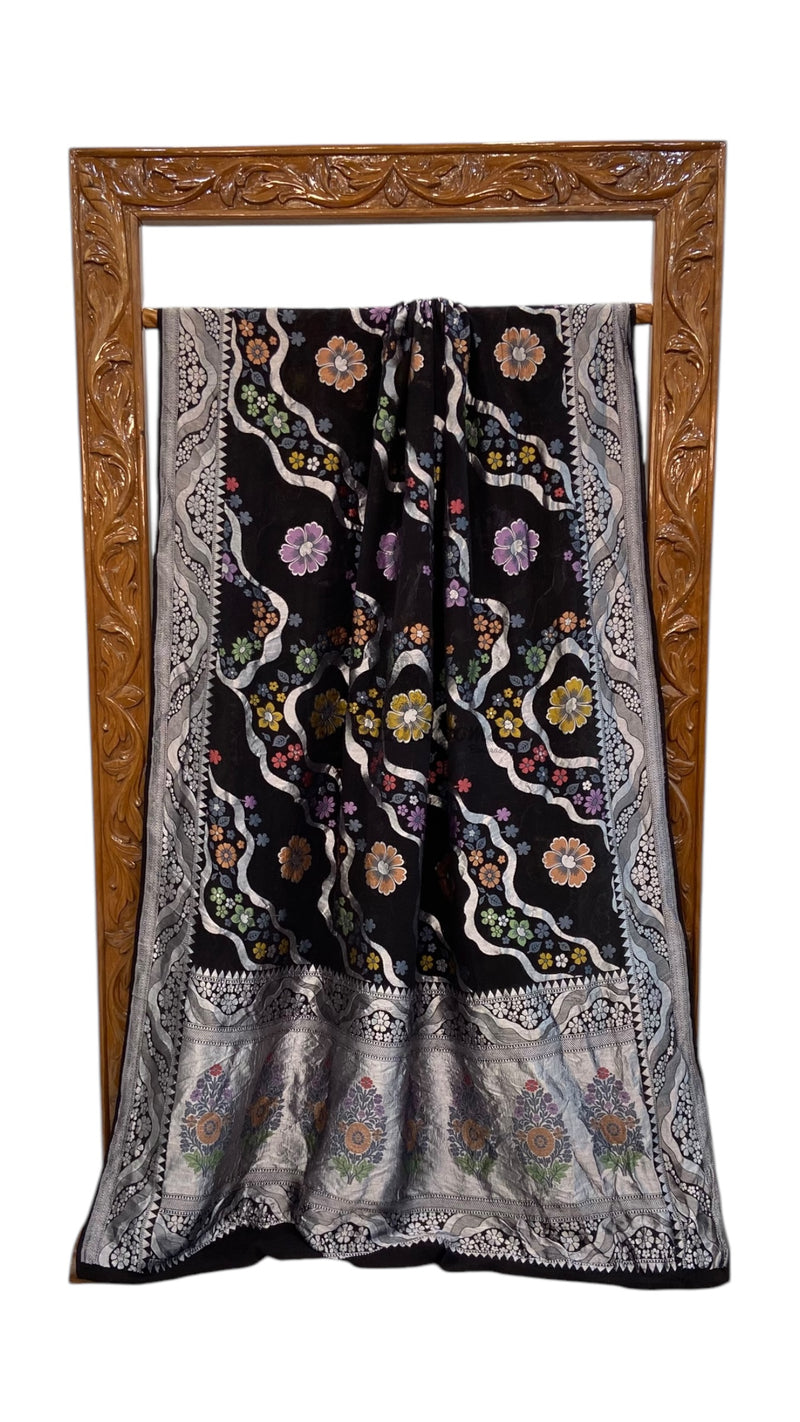 Pure Khaddi Georgette Handloom Banarasi Saree - All over Jaal Work With Meenakari - The Handlooms