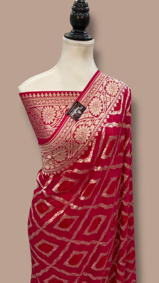 Hot Pink Pure Khaddi Georgette Handloom Banarasi Saree - The Handlooms