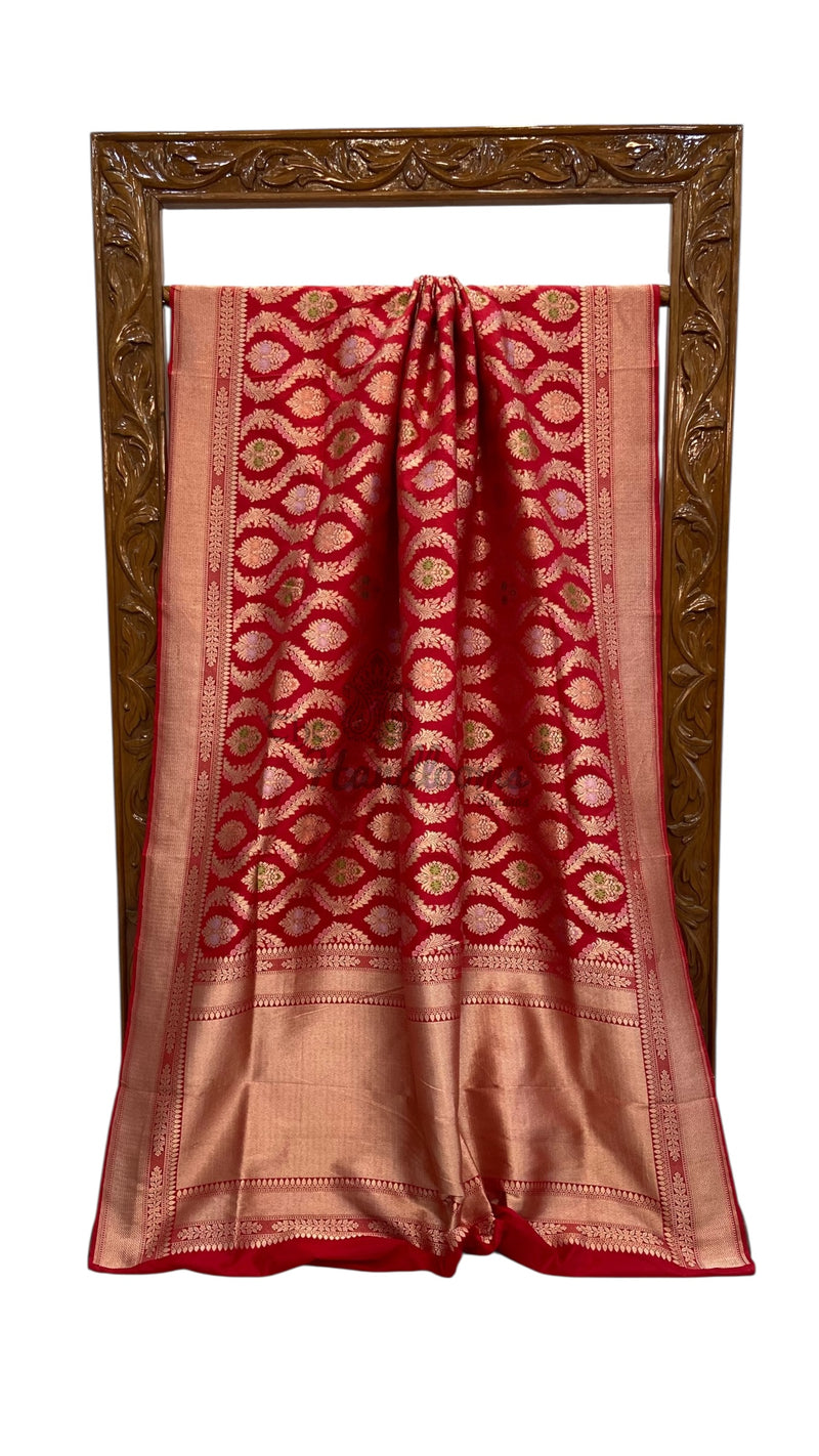 Red Pure Katan Silk Banarasi Handloom Saree - All Over Jaal Work - With Meenakari - The Handlooms