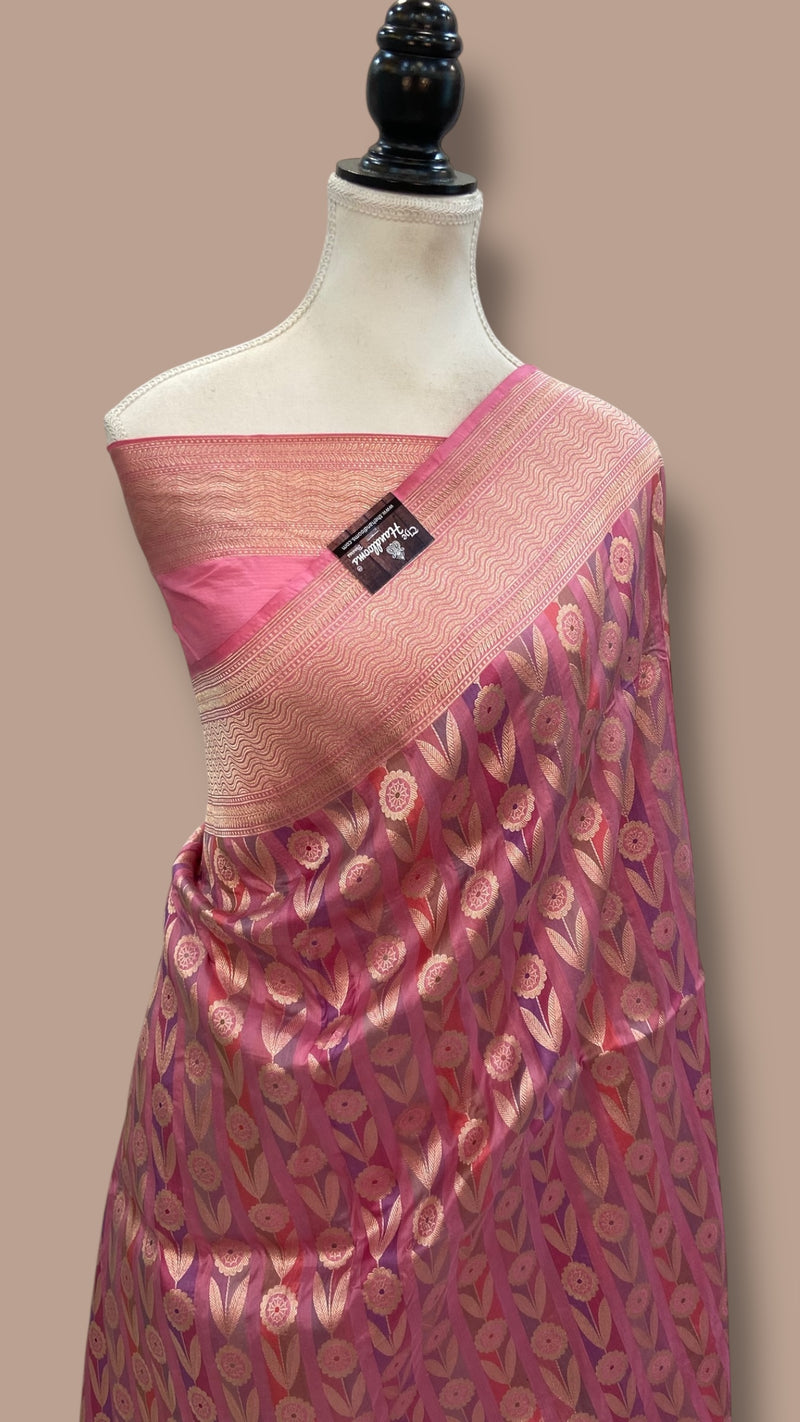 Multicolor Pure Katan Silk Banarasi Handloom Saree - All over Jaal Work With Rangkart - The Handlooms