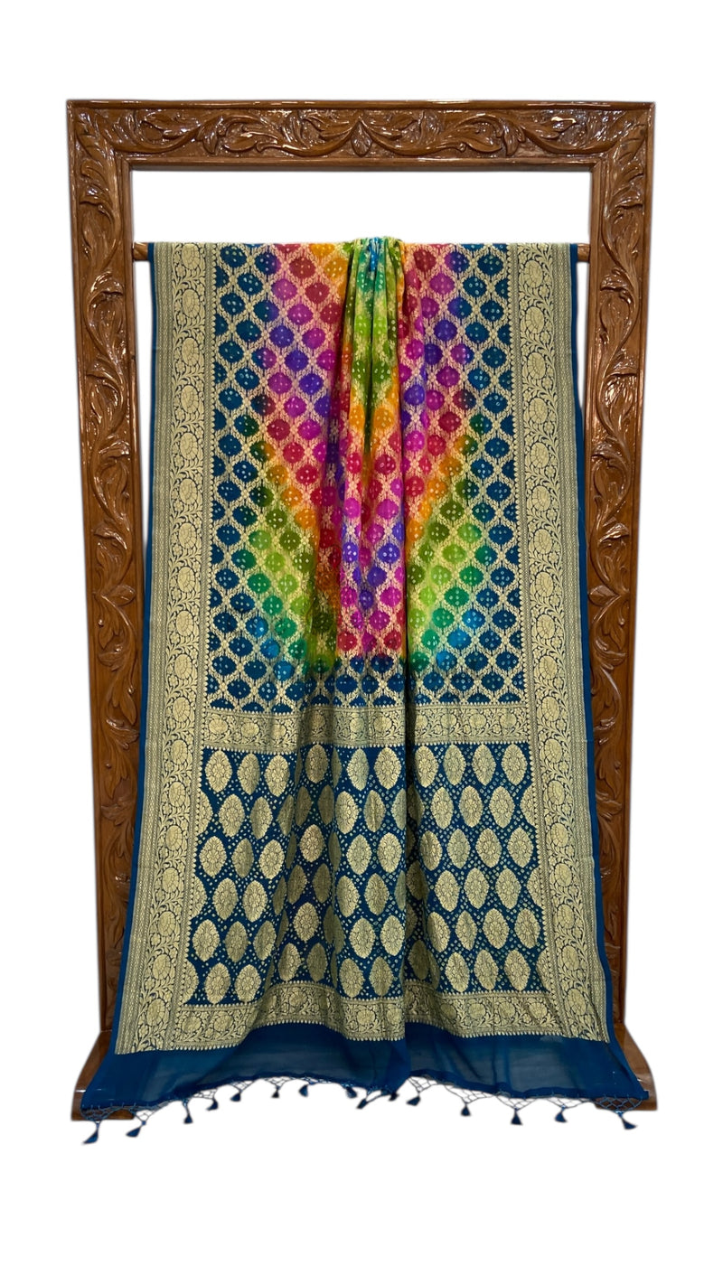 Pure Georgette Banarasi Bandhej Handloom Saree Multicolor - The Handlooms