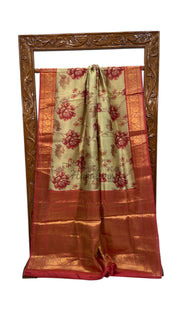 Pure Mango Silk Banarasi Handlokom Saree With Digital Print - The Handlooms