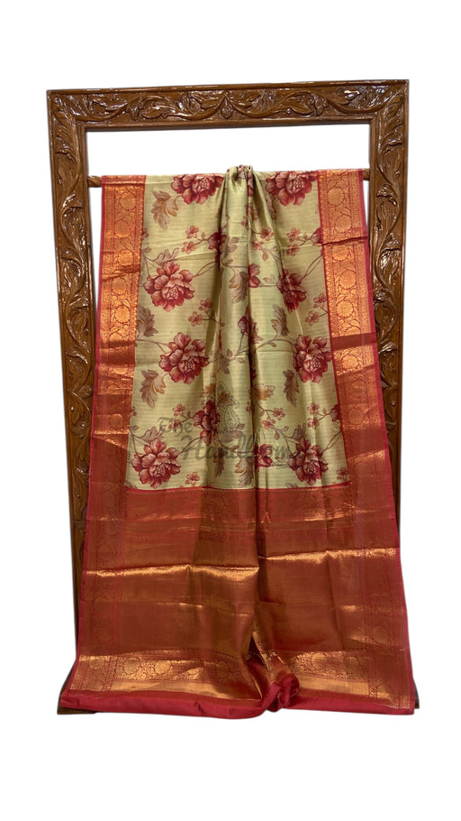 Pure Mango Silk Banarasi Handlokom Saree With Digital Print - The Handlooms