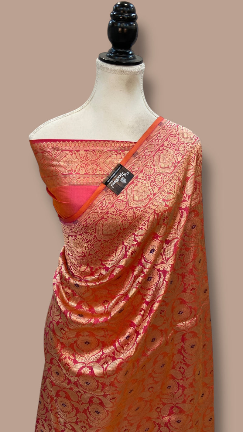 Regal Pure Katan Silk Banarasi Saree – Handwoven Tanchui Brocade with Meenakari Work - The Handlooms