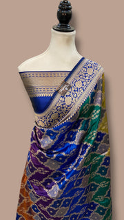Multicolor Pure Katan Silk Banarasi Handloom Saree - All over Jaal Work With Rangkart - The Handlooms