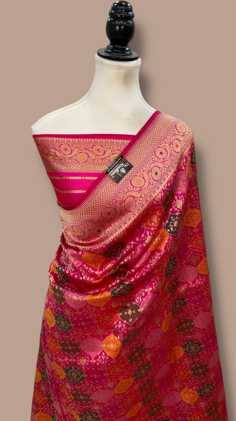 Multicolor Pure Katan Silk Banarasi Handloom Saree - All over Jaal Work With Rangkart - The Handlooms