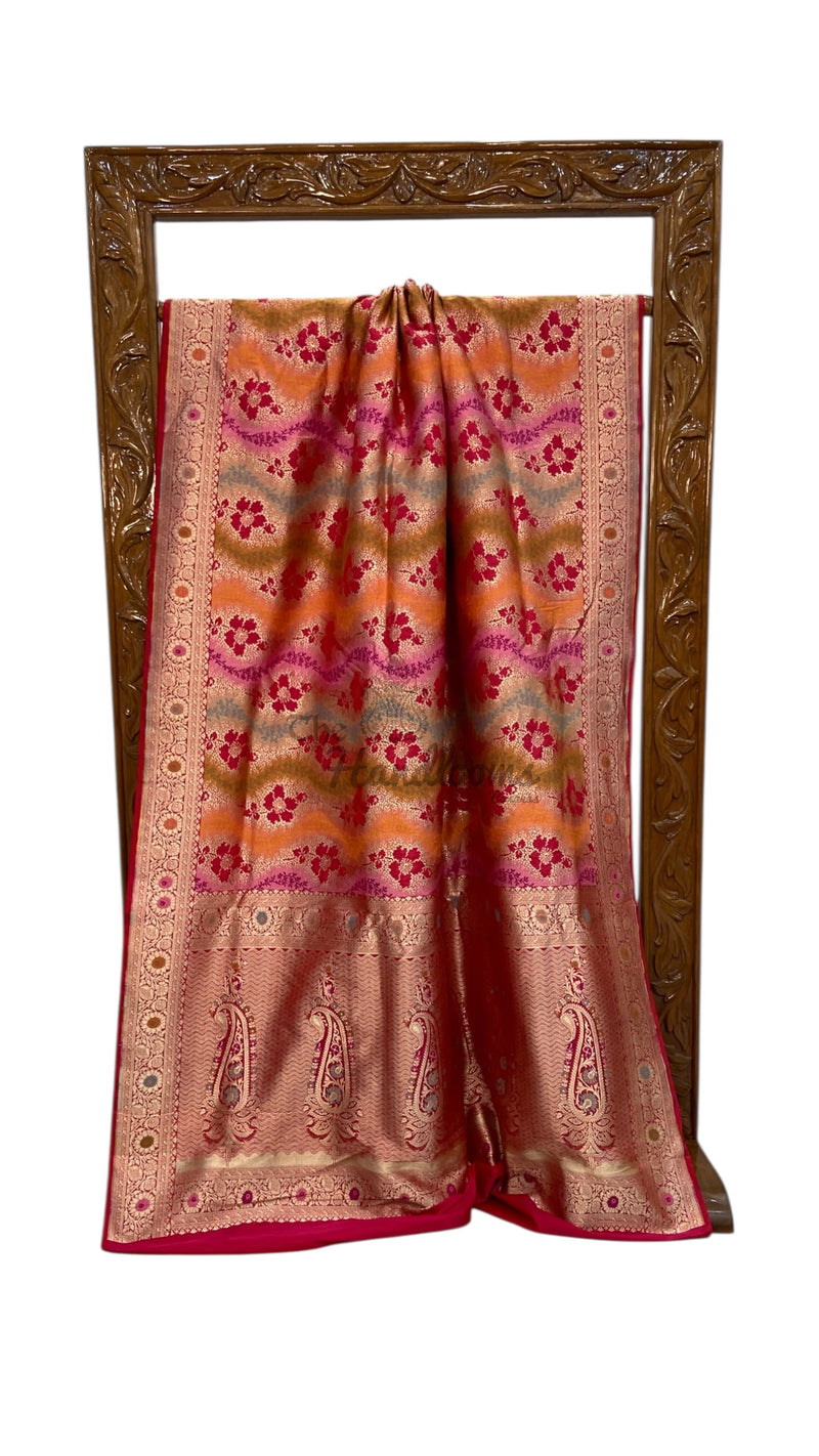 Multicolor Pure Katan Silk Banarasi Handloom Saree - All over Jaal Work With Rangkart - The Handlooms