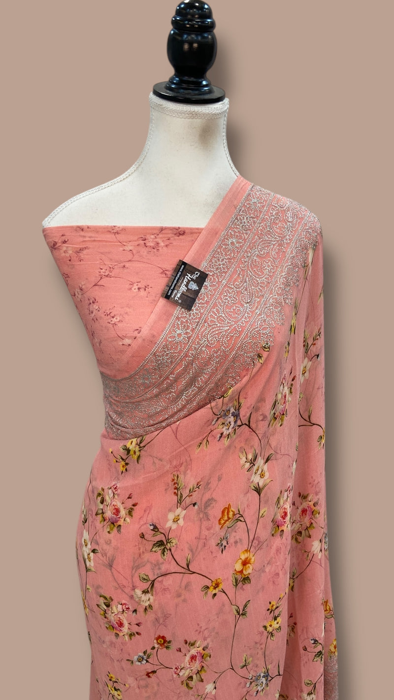 Pure Georgette Handloom Banarasi Saree - Digital Print With Chikankari - The Handlooms