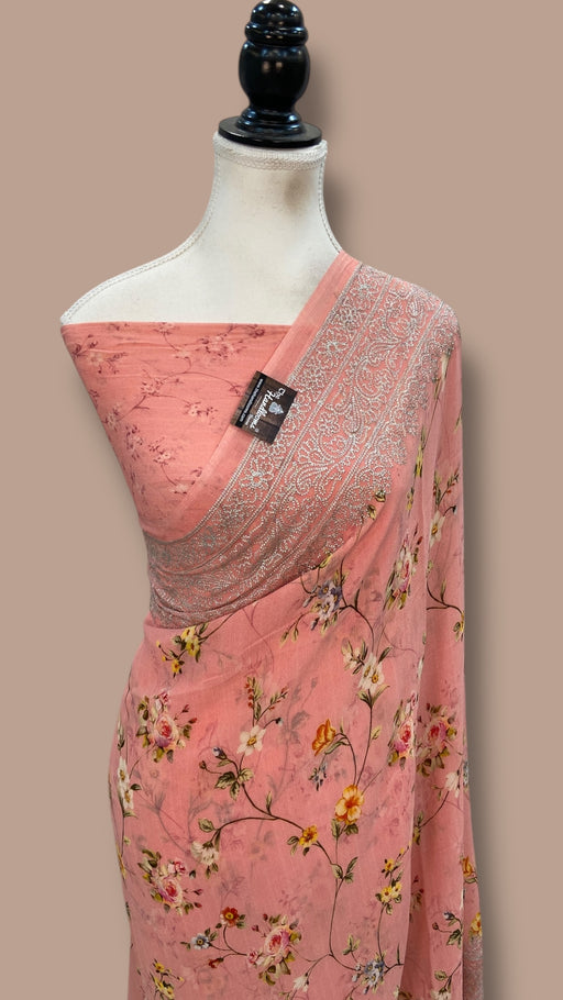 Pure Georgette Handloom Banarasi Saree - Digital Print With Chikankari - The Handlooms
