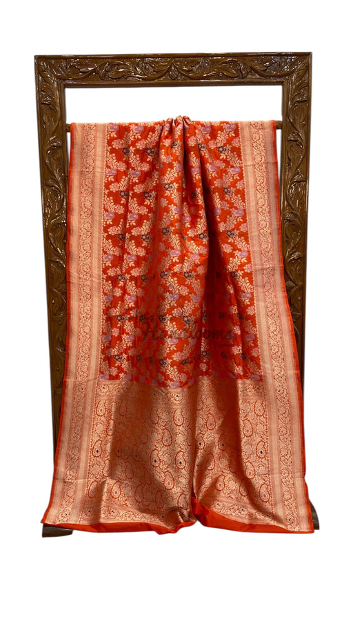 Orange Pure Katan Silk Banarasi Handloom Saree - All over Jaal Work With Meenakari - The Handlooms