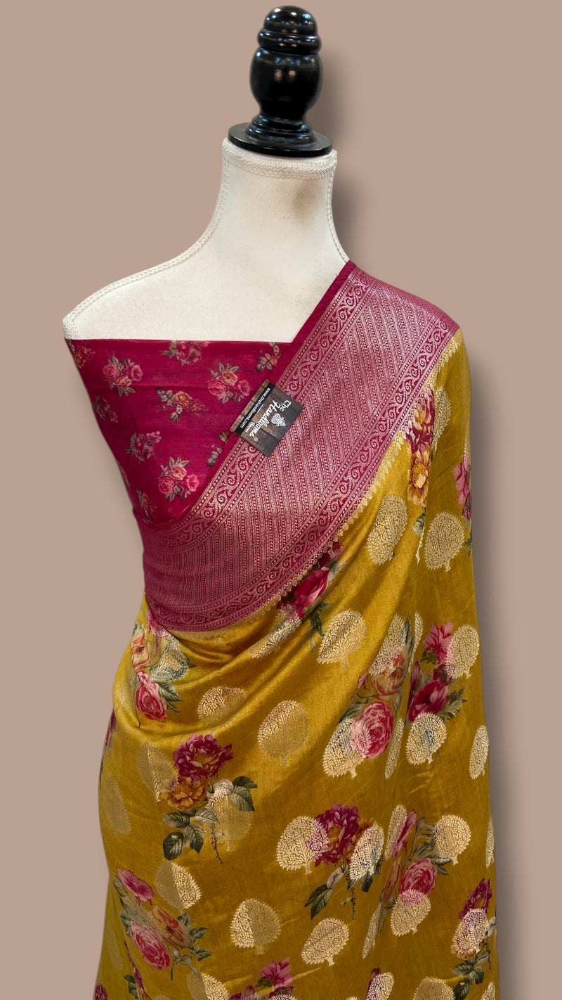 Pure Chiniya Silk Handloom Banarasi Saree Digital Print - The Handlooms