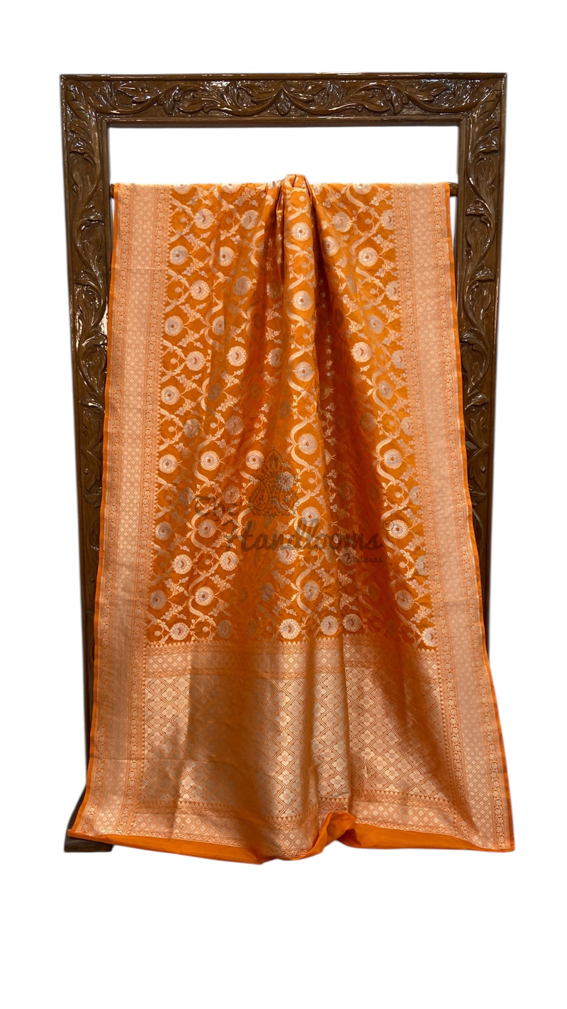 Orange Pure Katan Silk Banarasi Handloom Saree - All over Sona Roopa Jaal work - The Handlooms