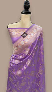 Lavender Pure Katan Silk Banarasi Handloom Saree - All over sona roopa Jaal work - The Handlooms