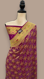Pure Georgette Banarasi Bandhej Handloom Saree - with meenakari work - The Handlooms