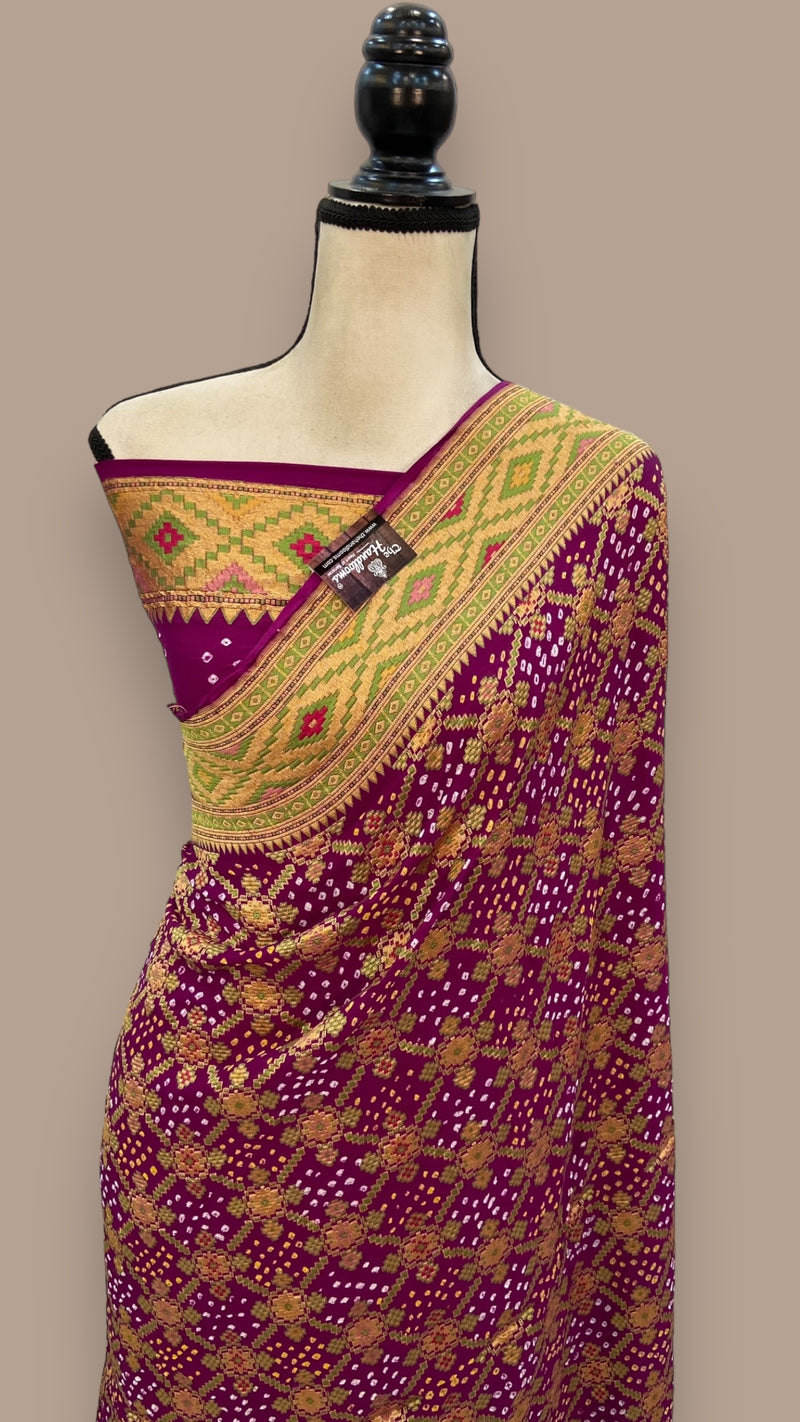 Pure Georgette Banarasi Bandhej Handloom Saree - with meenakari work - The Handlooms