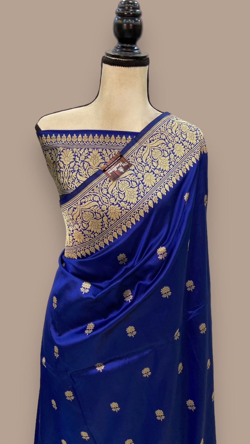 Royal Blue Pure Katan Silk Banarasi Handloom Saree - All over Kadua motifs - The Handlooms