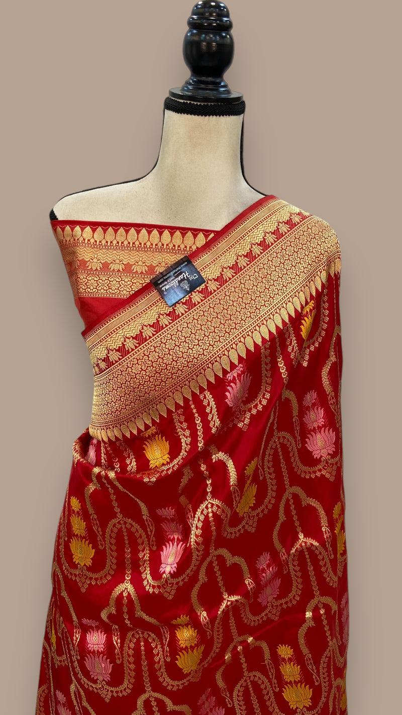 Red Pure Katan Silk Banarasi Handloom Saree - All over kadiyal Jaal work With Meenakari - The Handlooms