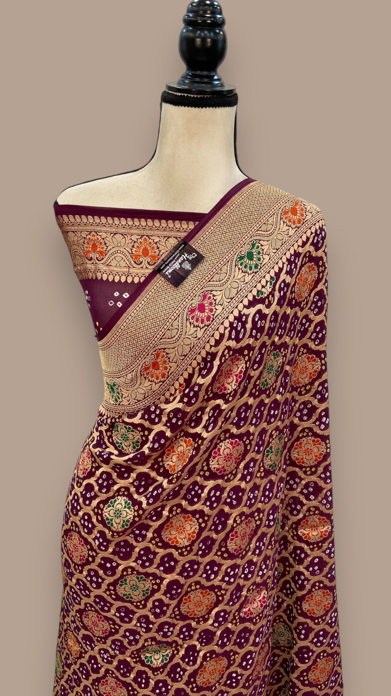 Pure Georgette Banarasi Bandhej Handloom Saree - with meenakari work - The Handlooms