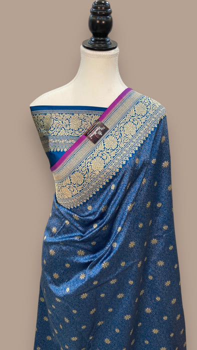 German Blue Pure Katan Silk Banarasi Handloom Saree - Tanchui Brocade