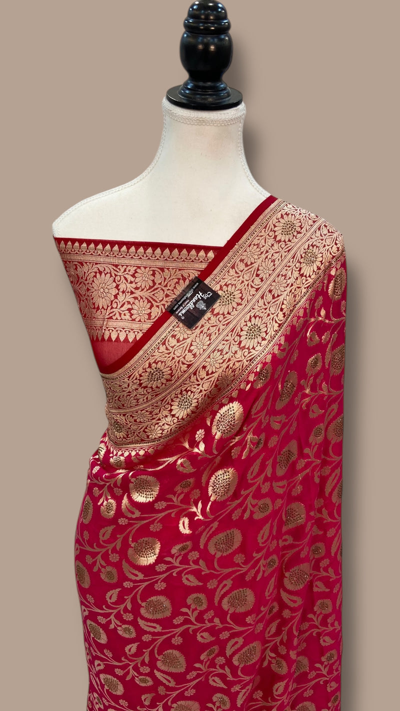 Khaddi Georgette Handloom Banarasi Saree with Siroski Stone Work - The Handlooms