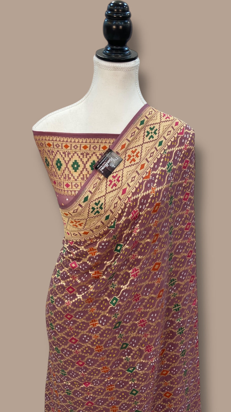 Pure Georgette Banarasi Bandhej Handloom Saree - with meenakari work - The Handlooms