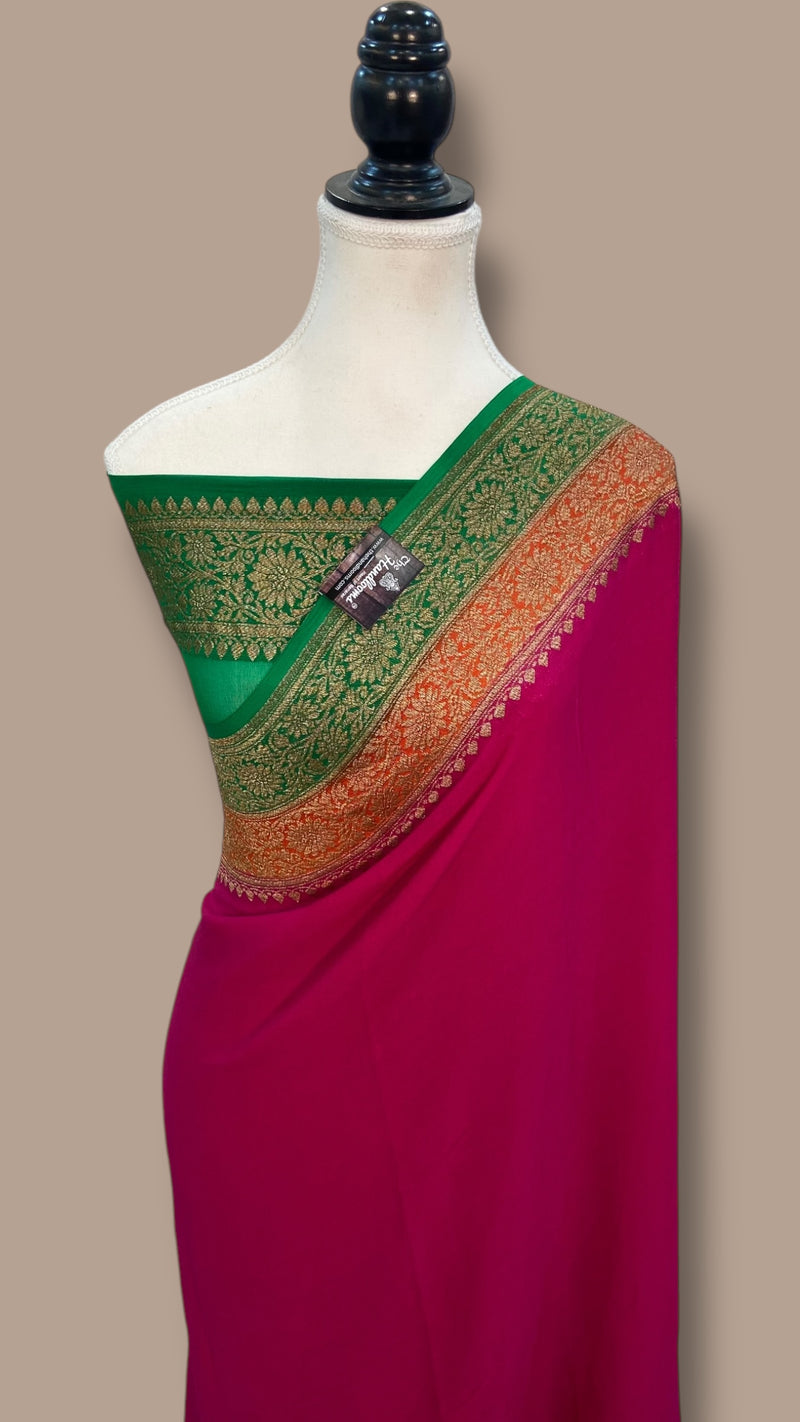 Hot Pink Pure Khaddi Georgette Handloom Banarasi Saree - The Handlooms