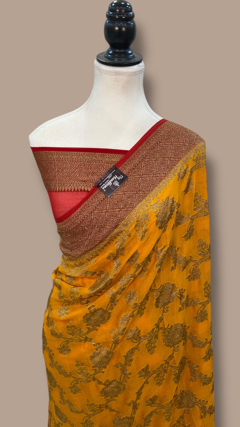 Khaddi Georgette Handloom Banarasi Saree - Antique Zari - The Handlooms