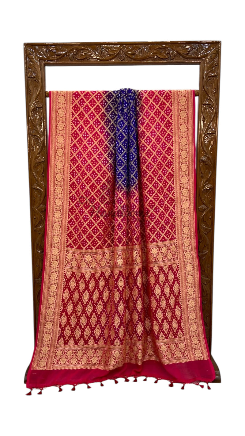 Dual Shade Pure Georgette Banarasi Bandhej Handloom Saree - The Handlooms