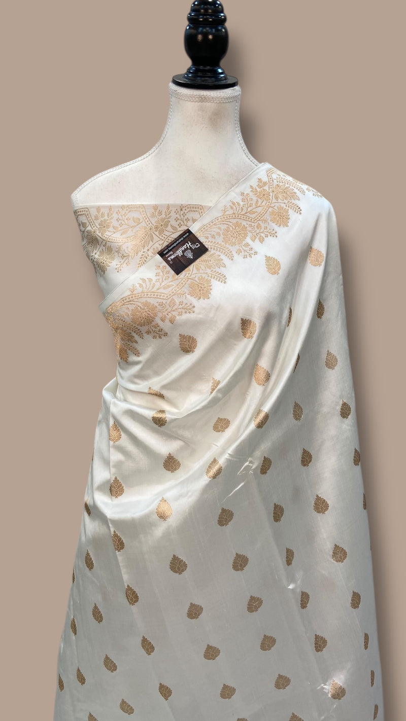White Pure Katan Silk Banarasi Handloom Saree - All over Kadua motifs - The Handlooms